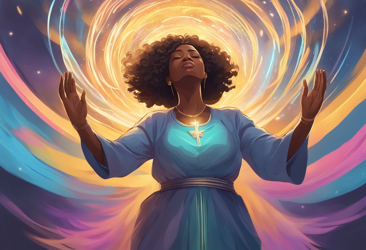 A woman stands with arms outstretched, surrounded by swirling light and energy, as she prays for radical deliverance and support for her husband