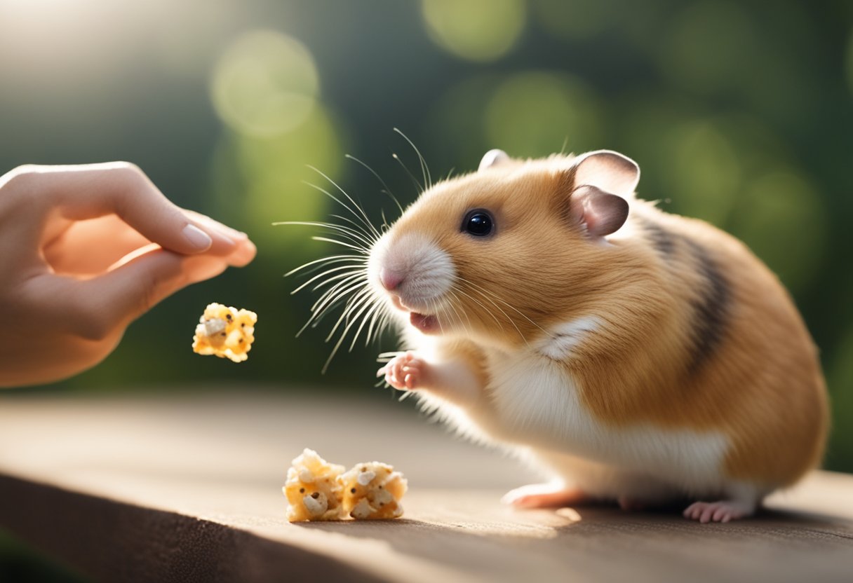 A hamster approaches a calm and patient figure, offering a treat. The hamster sniffs the treat and cautiously takes it from the figure's open palm