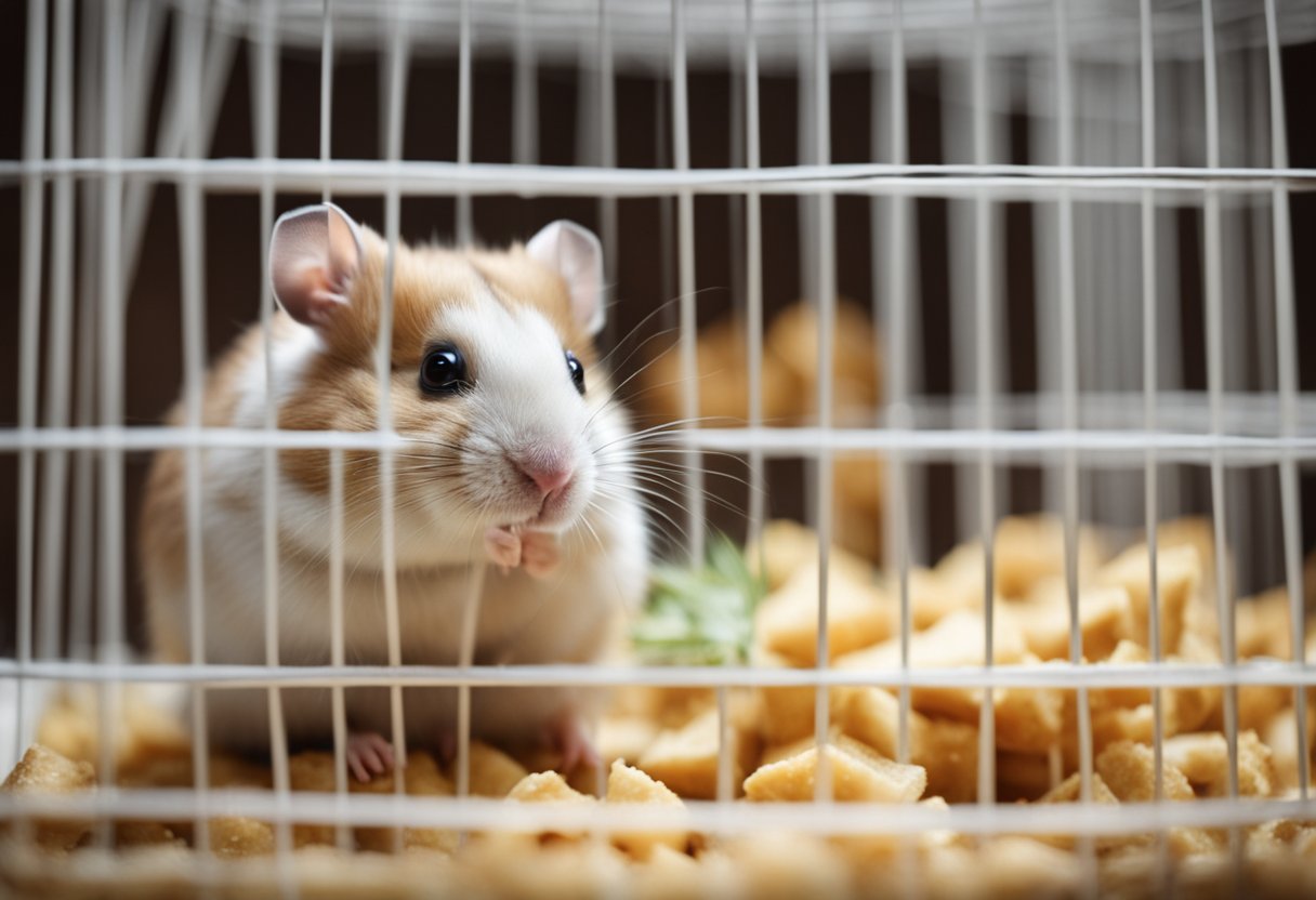 A hamster sits in its cage, sniffing cautiously at a piece of food offered by a gentle approach