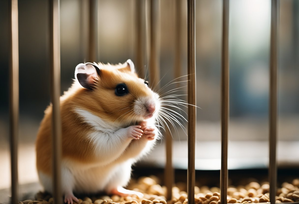 A hamster sits calmly in its cage, nibbling on a treat offered by a gentle and patient caretaker. The caretaker speaks softly to the hamster, offering reassurance and building a bond of trust