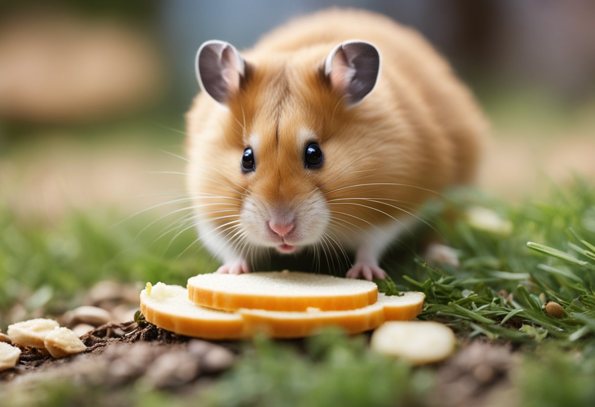 A hamster cautiously sniffs a treat held out to it, then tentatively takes it from the ground