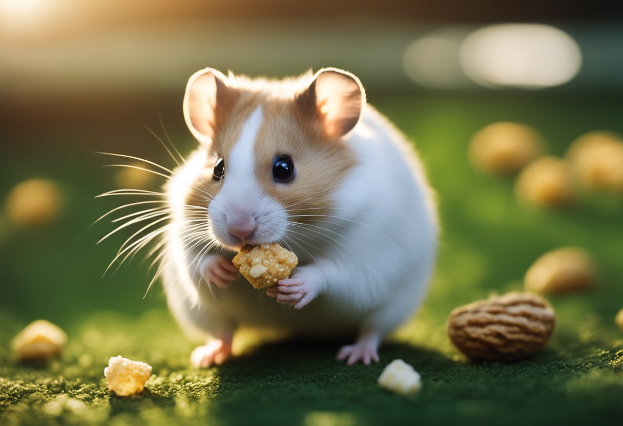 A hamster cautiously sniffs a proffered treat, then tentatively takes it from a dish, eyes bright with curiosity and trust
