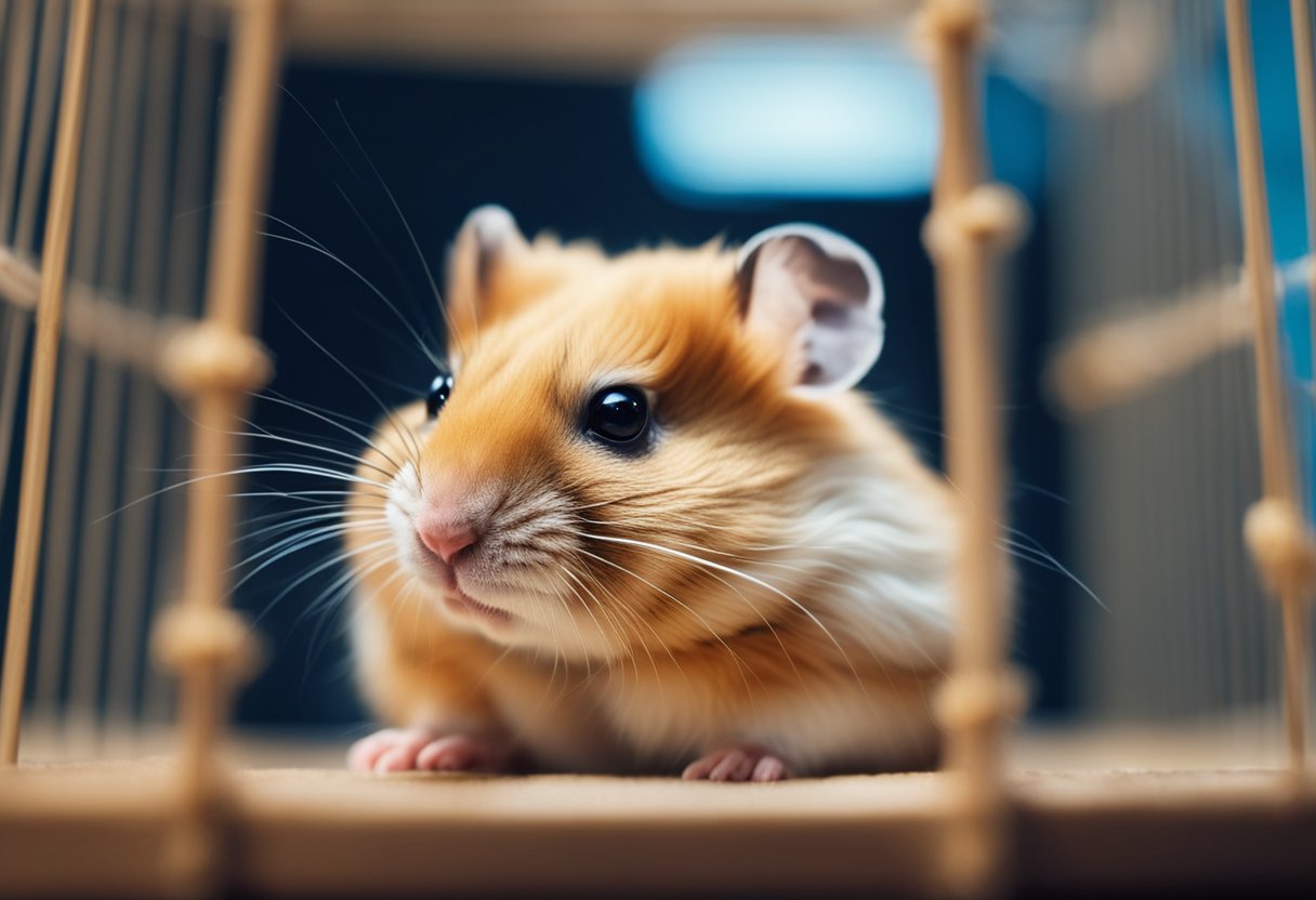 A small hamster sits in its cage, its fur ruffled and its tiny paws crossed, looking grumpy