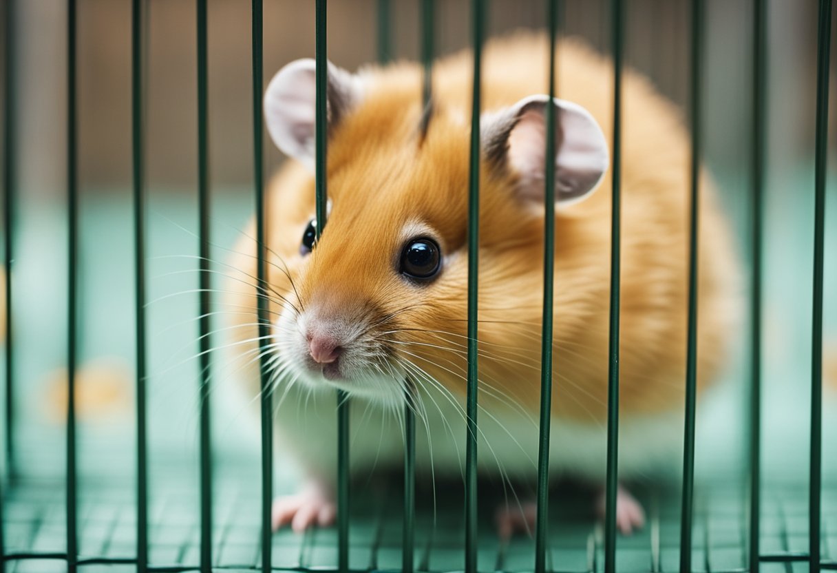 A hamster sits in its cage, its ears flattened and eyes narrowed. Its body language suggests irritation or discomfort