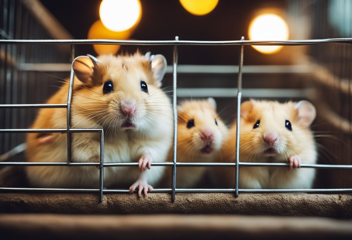 Moody hamsters in cages, one pouting in a corner, another gnawing at the bars, while a third rolls in its bedding