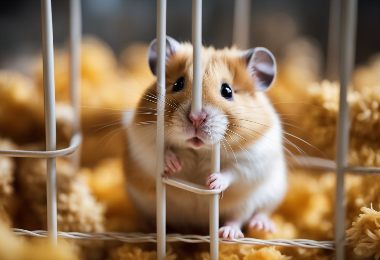 A hamster sits in its cage, surrounded by scattered bedding and chewed-up toys. Its fur is ruffled, and it looks grumpy, with its cheeks puffed out