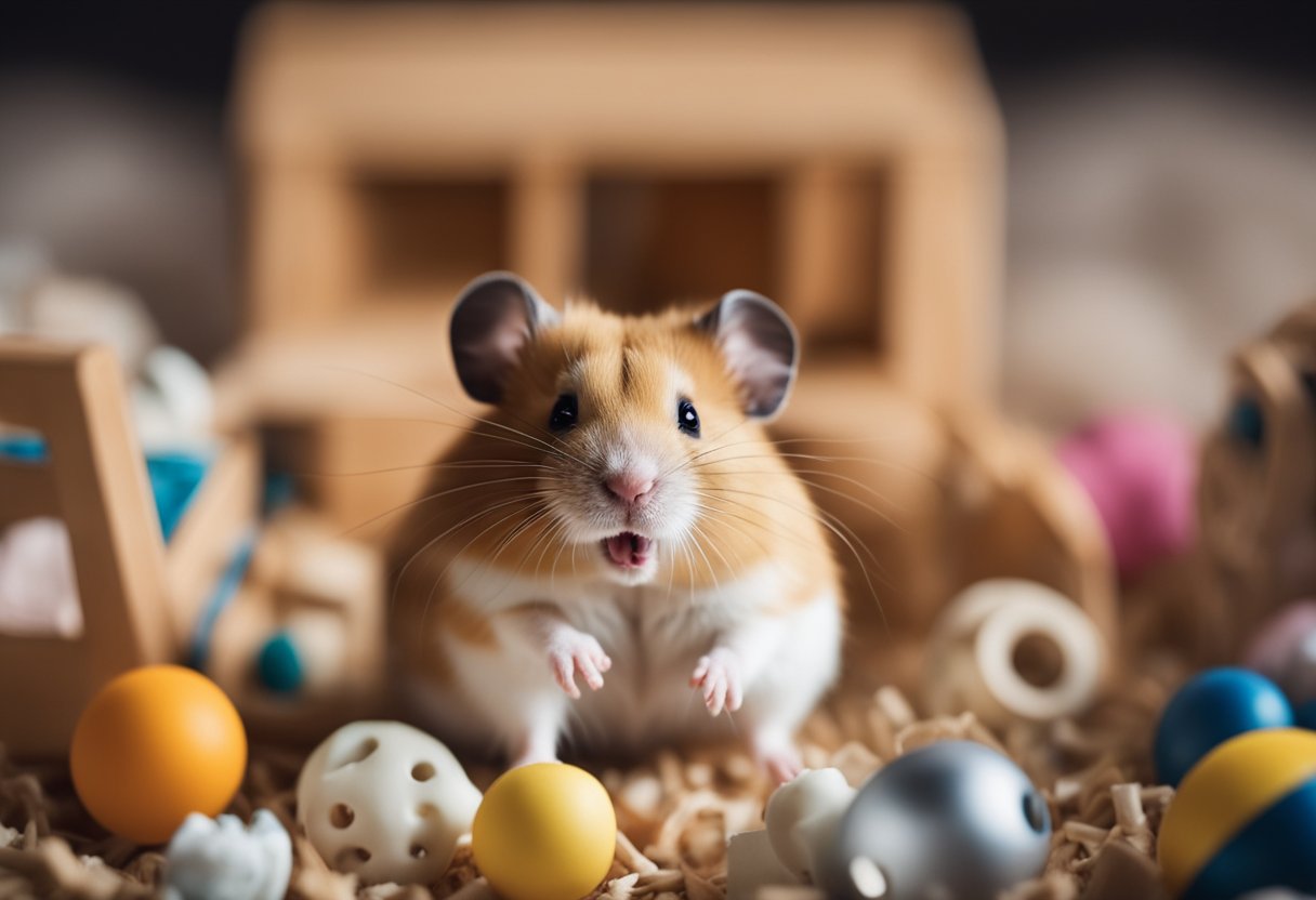 A hamster sits in its cage, with a grumpy expression, surrounded by scattered bedding and chewed-up toys