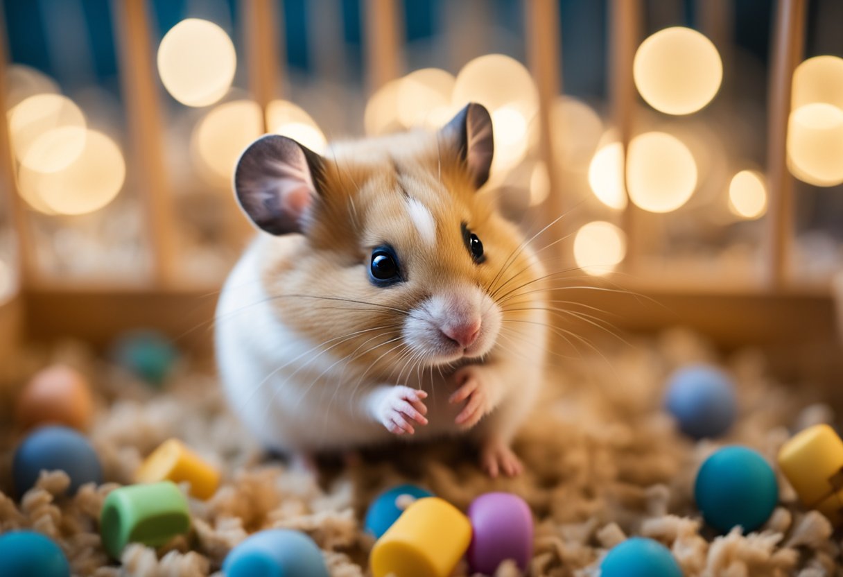 A hamster sitting in its cage, with a grumpy expression and puffed-up fur, surrounded by scattered bedding and chewed-up toys