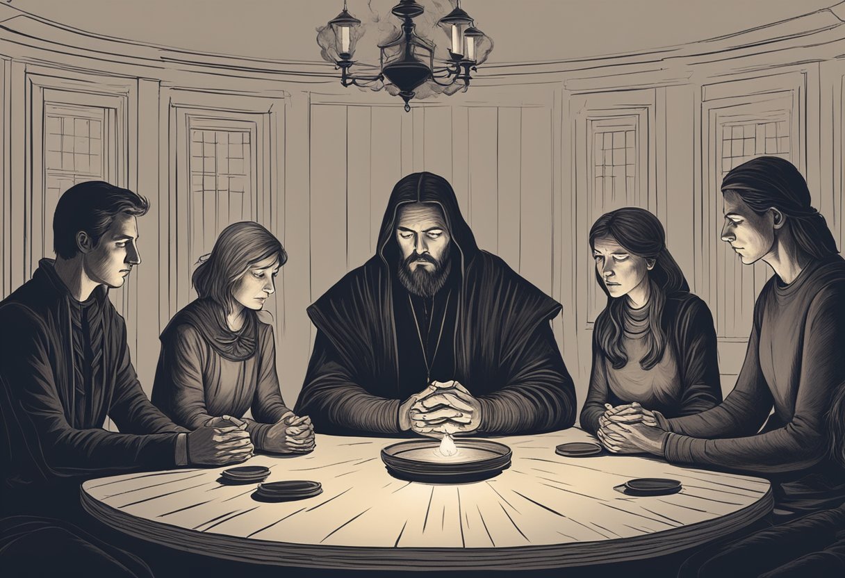 A family gathers around a table, holding hands in prayer. A dark, ominous presence looms in the background, representing the impact of witchcraft on their lives