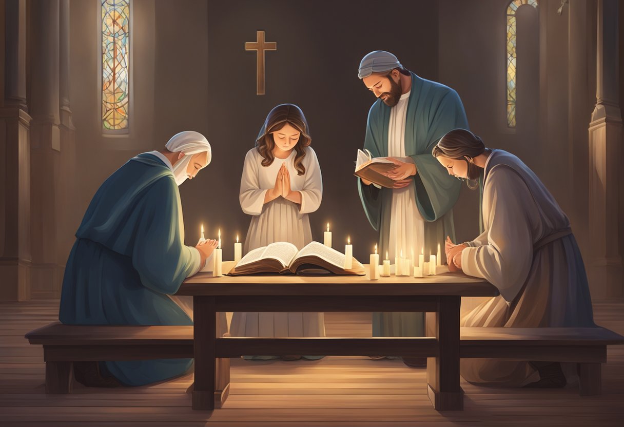 A family gathers in prayer, holding hands and bowing their heads. A Bible lies open on a table, surrounded by candles and a cross