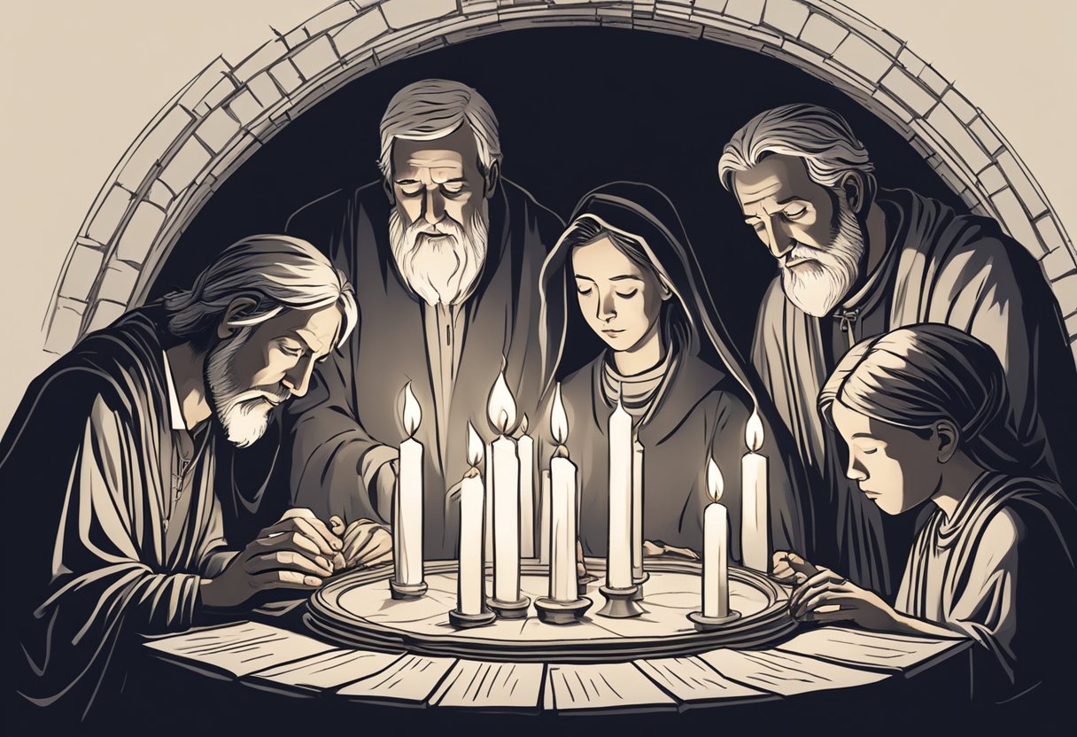 A family gathers in a circle, heads bowed in prayer, surrounded by candles and a Bible open to a page on deliverance from witchcraft