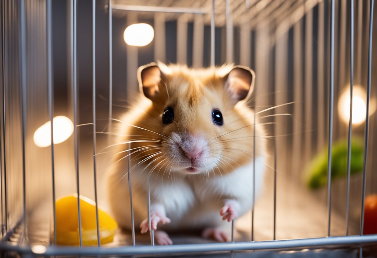 A hamster sits in a clean, spacious cage with a wheel, toys, and fresh food and water. It's active, curious, and has a shiny coat