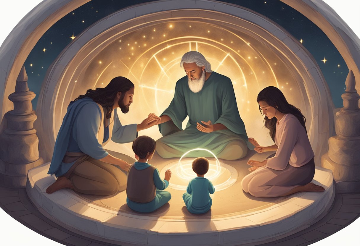 A family praying together, surrounded by a circle of light, as they seek deliverance from witchcraft