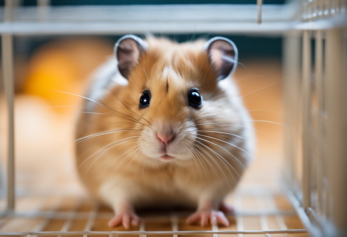 A hamster with bright, alert eyes and a relaxed body posture in a clean, spacious cage with plenty of toys and hiding spots