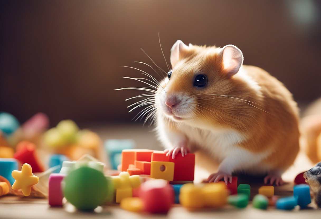 A hamster with bright eyes and a relaxed body posture, surrounded by toys and a clean, spacious cage