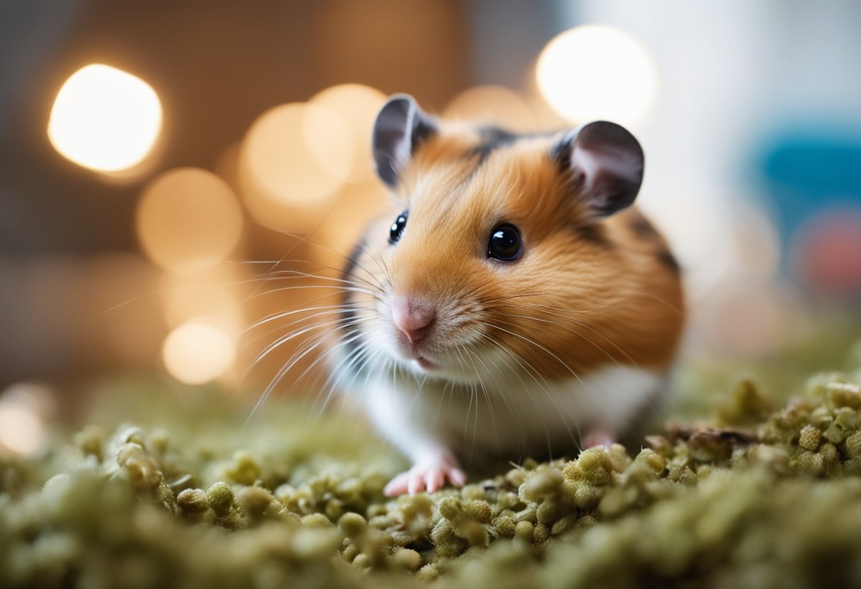 A hamster with bright eyes and a relaxed body posture, exploring its cage with curiosity and engaging in playful activities like running on a wheel or burrowing in bedding