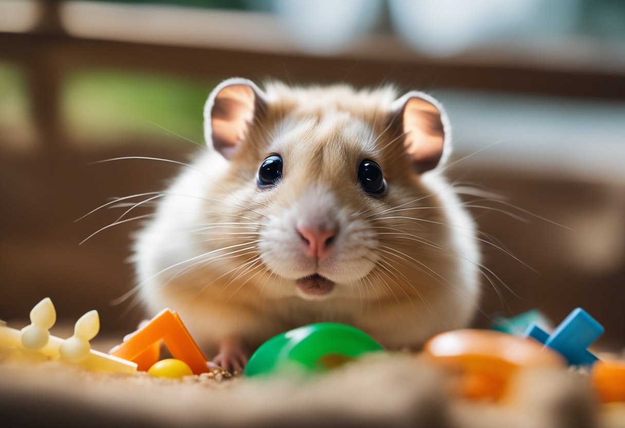 A hamster with bright eyes and an alert posture, exploring its spacious and enriched habitat, with a variety of toys and hiding spots