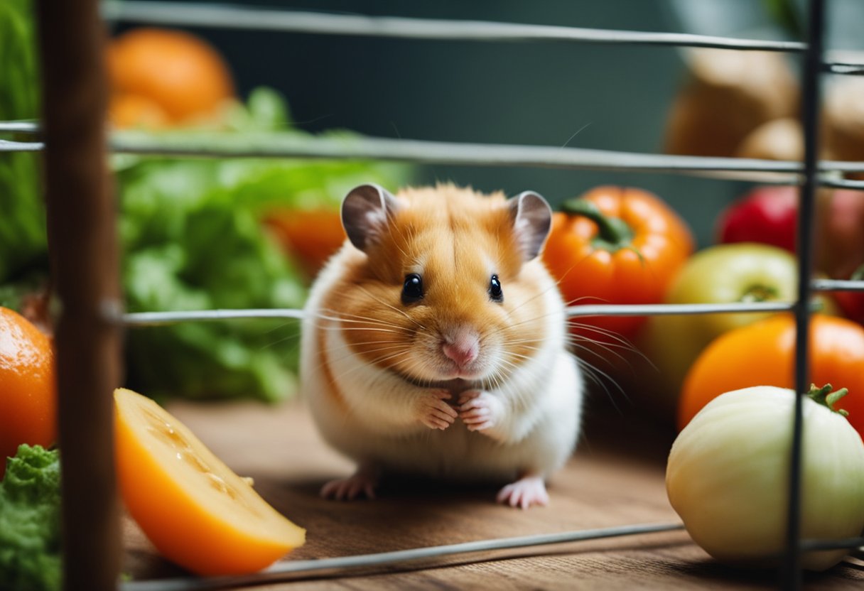 A hamster eagerly munches on a pile of fresh vegetables and fruits in its cozy cage