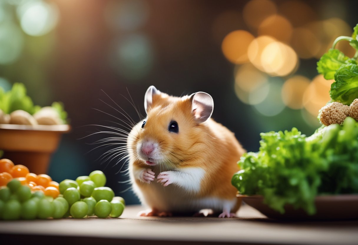 A hamster eagerly munches on fresh vegetables and fruits in its cozy cage. A bowl of pellets and seeds sits nearby, offering a variety of tasty options for the hungry little pet