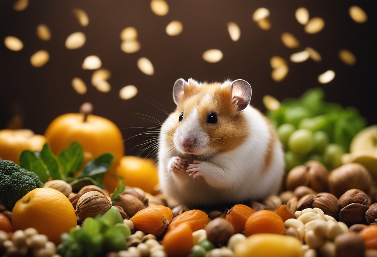 A hamster surrounded by seeds, nuts, fruits, and vegetables