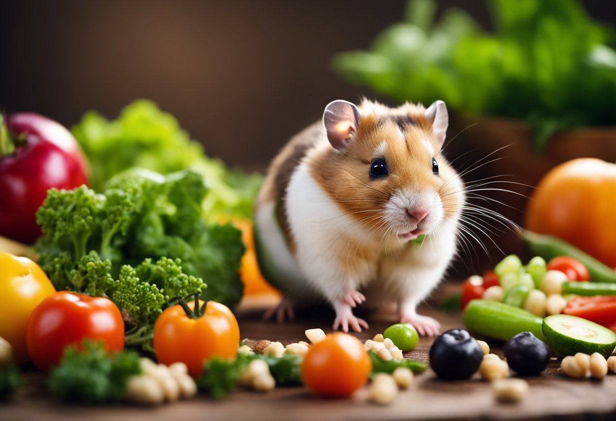 A hamster eagerly munches on a pile of fresh vegetables and fruits, with a small dish of seeds nearby