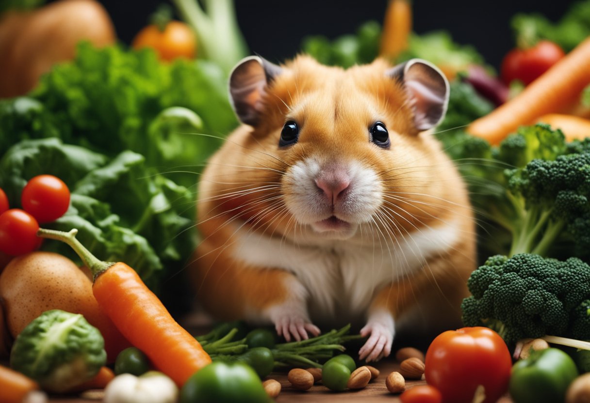A hamster eagerly munches on a pile of fresh vegetables and seeds, its cheeks bulging with its favorite food
