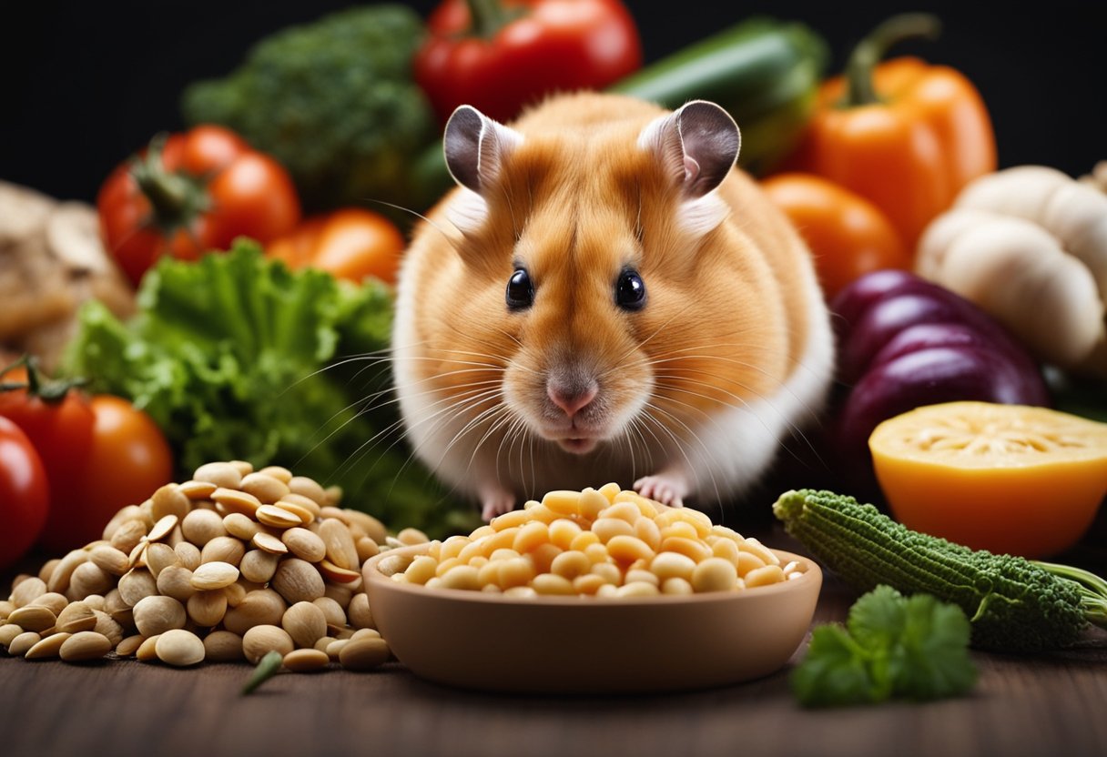 A hamster surrounded by various food items, with a spotlight on a pile of fresh vegetables and seeds