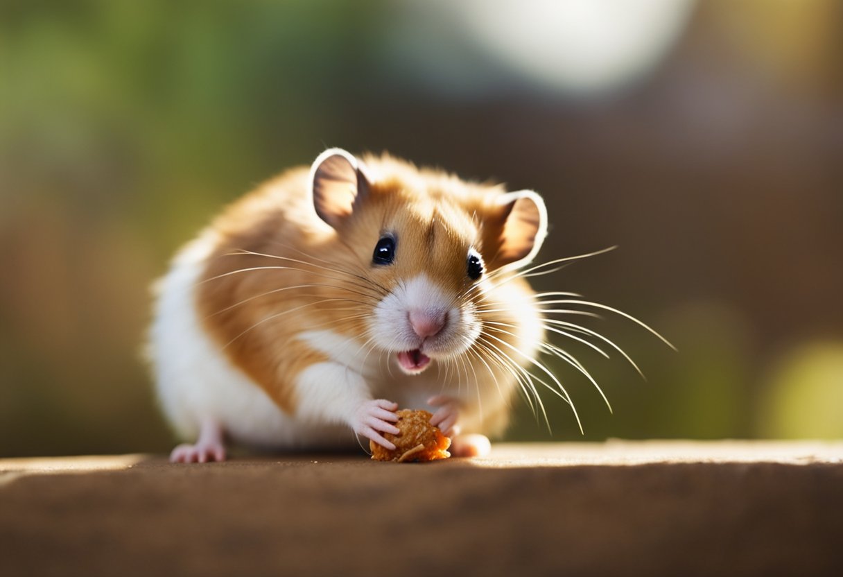 A hamster nibbles on a piece of cooked chicken, while its whiskers twitch with curiosity