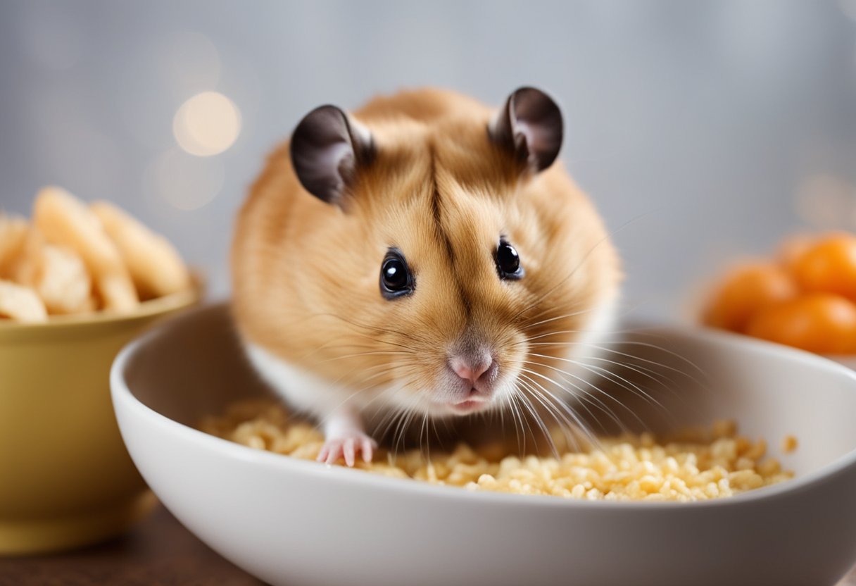 A hamster sits near a bowl of chicken, sniffing it cautiously