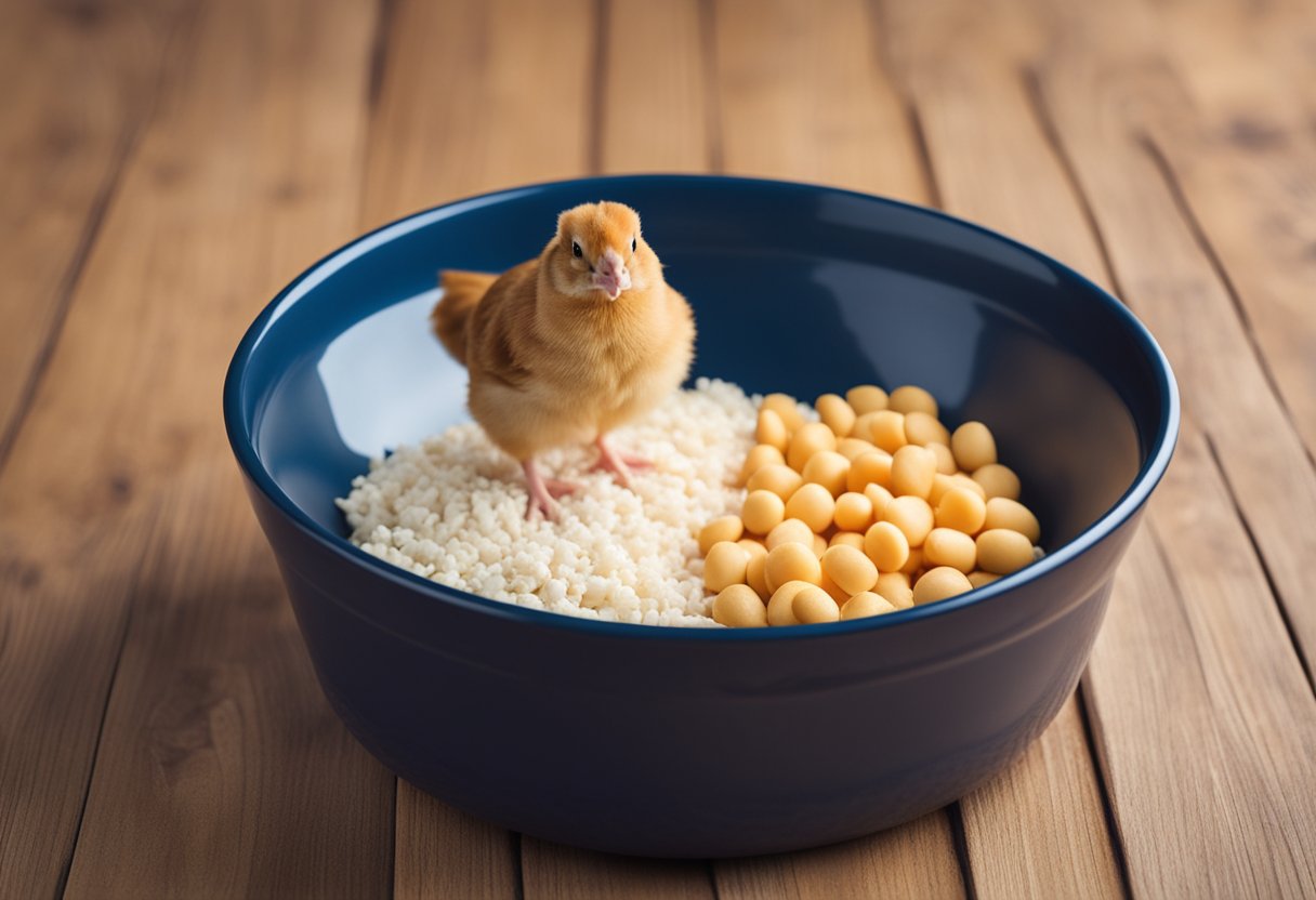 A chicken sits next to a hamster food bowl. Text reads: "Can hamsters eat chicken?"