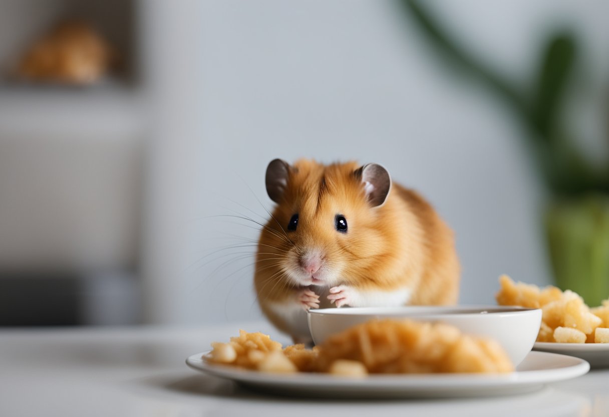 A hamster sits near a bowl of chicken, sniffing cautiously