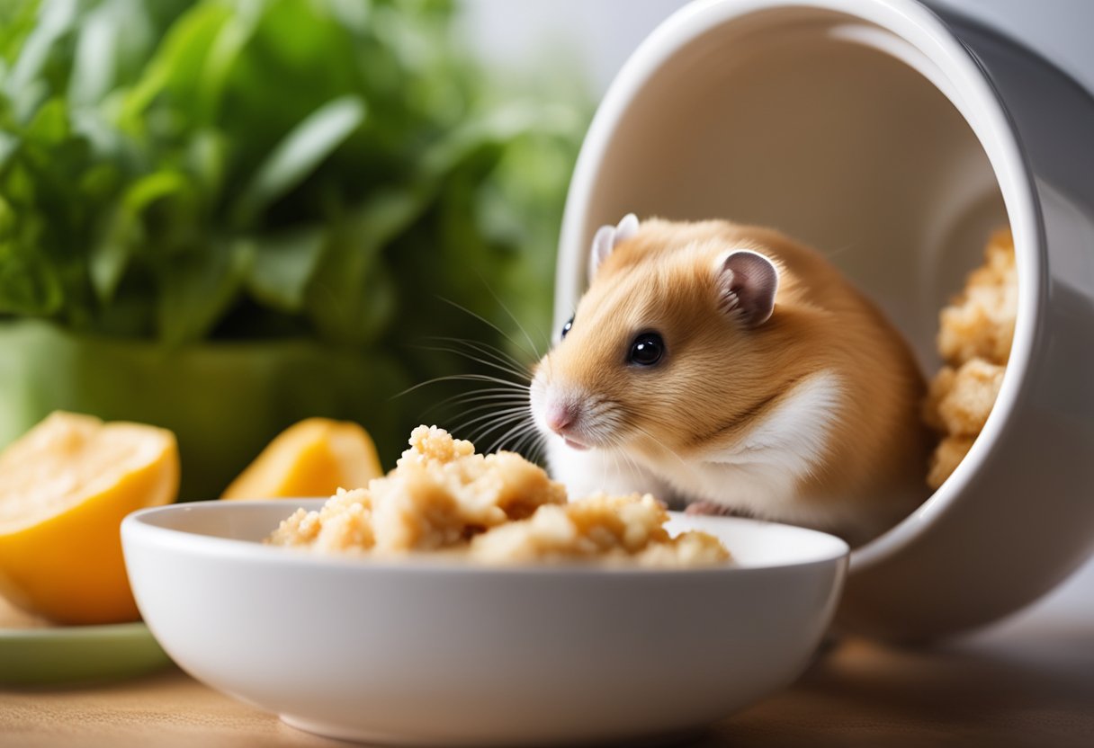 A hamster sits beside a bowl of chicken, sniffing cautiously