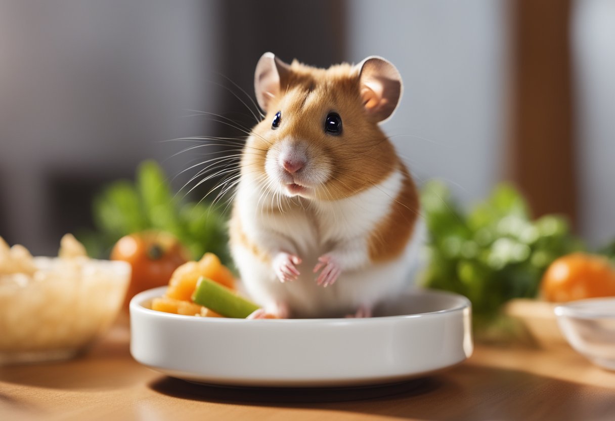 A hamster sits near a bowl of chicken, looking curious