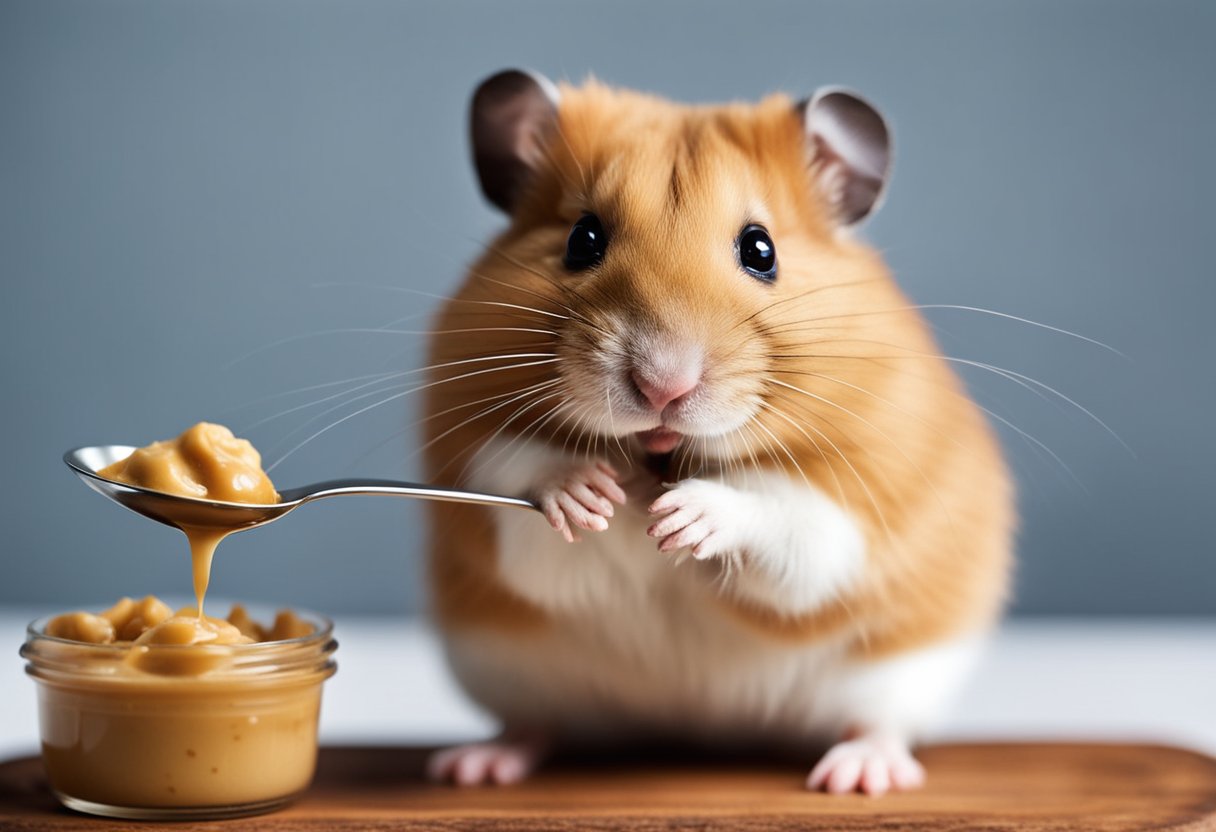 A hamster sits on a small wooden platform, sniffing a dollop of peanut butter on a tiny spoon