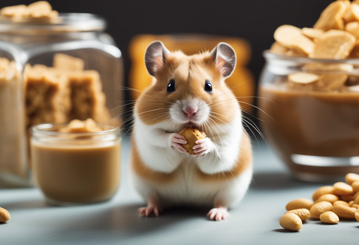 A hamster sits beside a jar of peanut butter, sniffing the air with curiosity