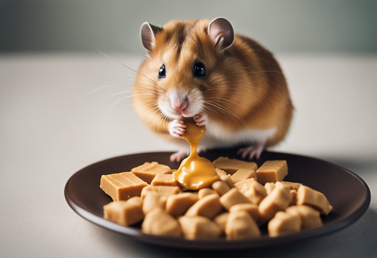 A hamster sits next to a small dish of peanut butter, sniffing cautiously