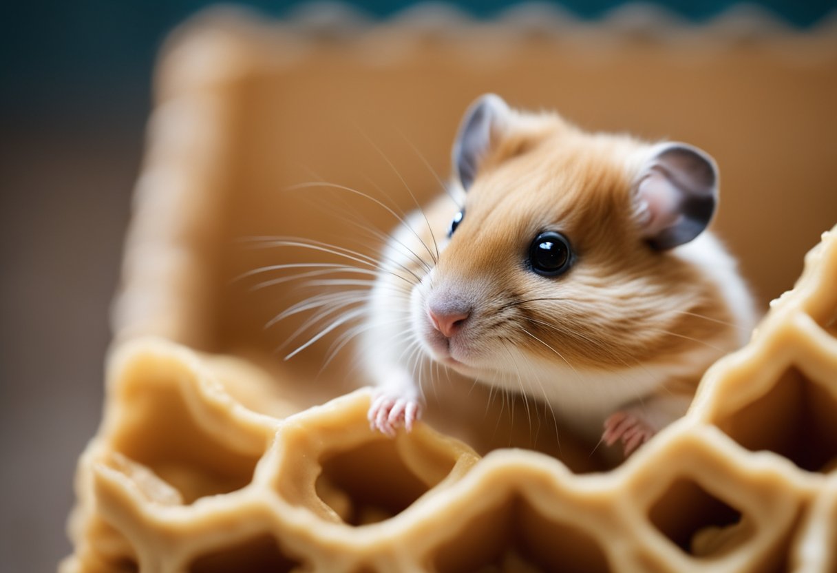 A hamster investigates a dollop of peanut butter in its cage