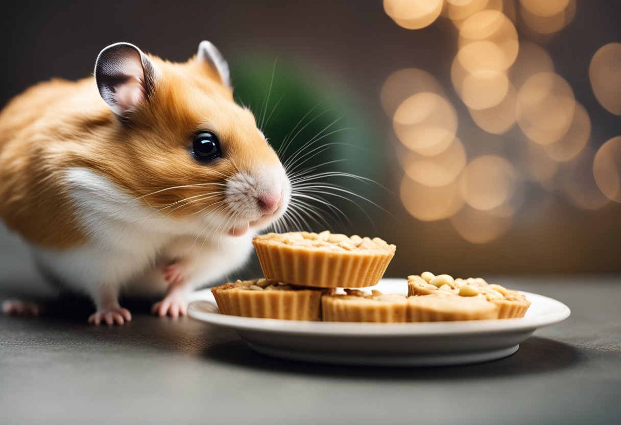 A hamster sits in its cage, sniffing a dollop of peanut butter on a small dish. The hamster looks curious but cautious, its whiskers twitching as it contemplates the unfamiliar treat
