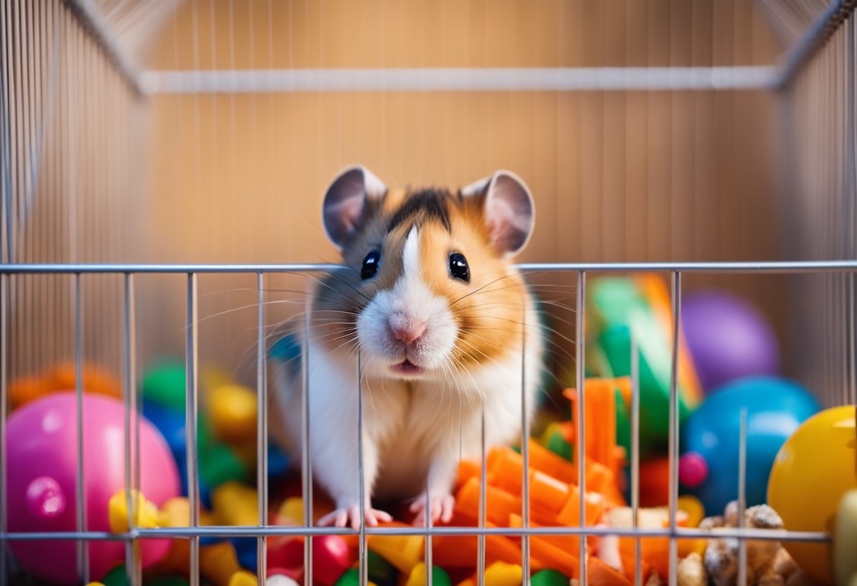 A hamster sits in a cozy cage, surrounded by colorful toys and bedding. It nibbles on a carrot and looks up with bright, curious eyes