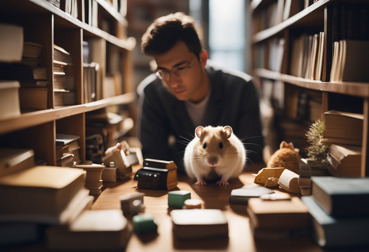 A person pondering names for a hamster, surrounded by books and pet supplies