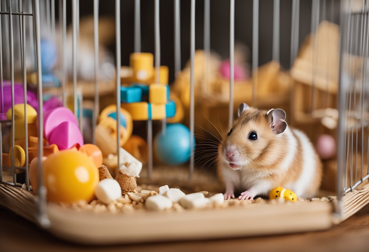 A hamster sits in a cozy cage, surrounded by toys and a running wheel. A name tag reads "Whiskers" while the hamster nibbles on a treat