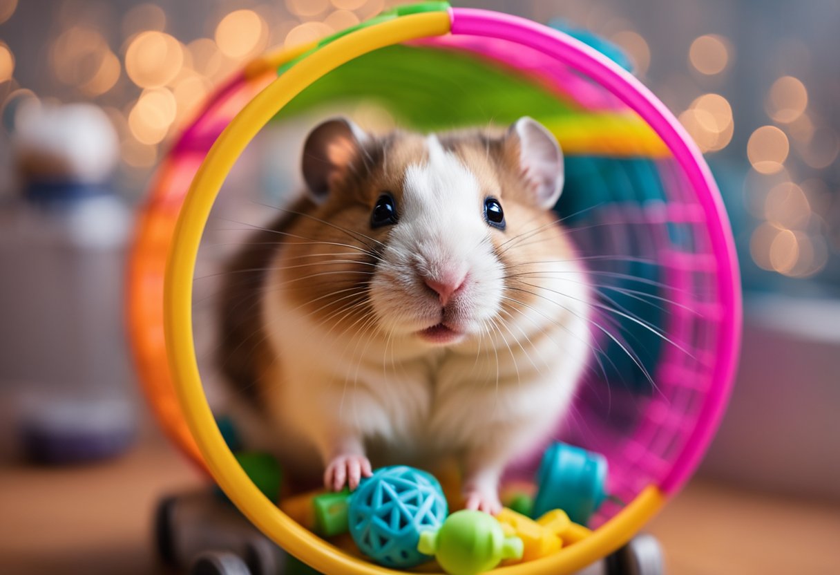 A hamster sitting in a cozy, colorful cage with a wheel, water bottle, and chew toys