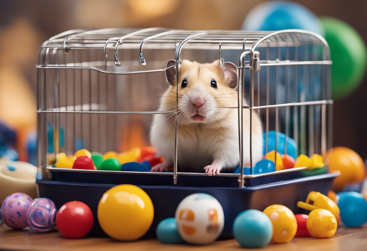 A hamster sitting in a cozy cage, surrounded by colorful toys and a small wheel. A name tag with the name "Peanut" is attached to the side of the cage