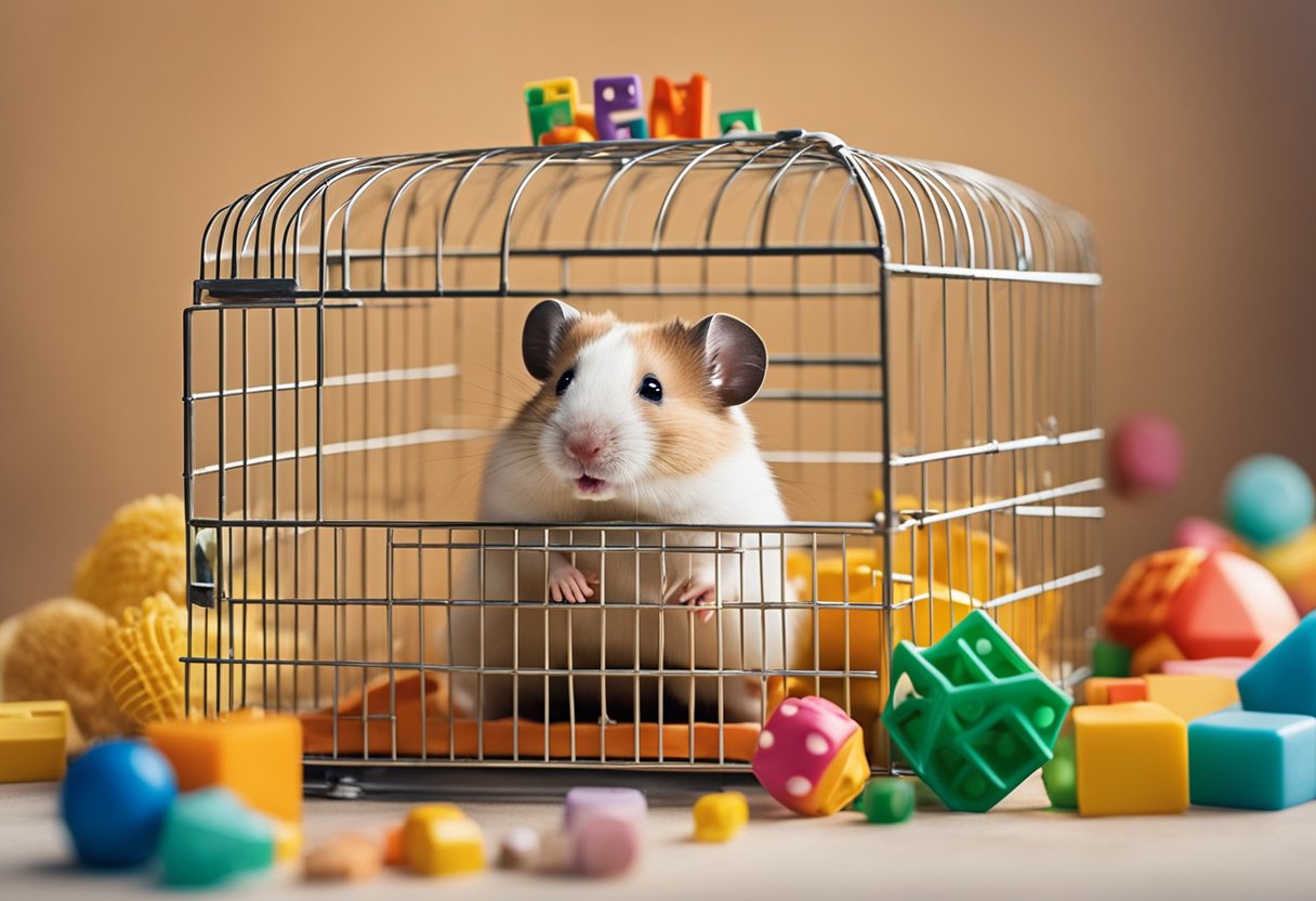 A hamster sitting in a cozy cage, surrounded by colorful toys and a wheel, with a sign above reading "Frequently Asked Questions: What is a good name for a hamster?"
