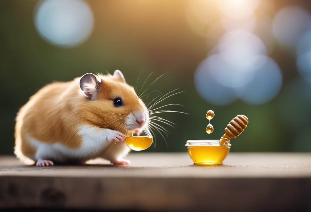 A hamster sniffs a dollop of honey with curiosity
