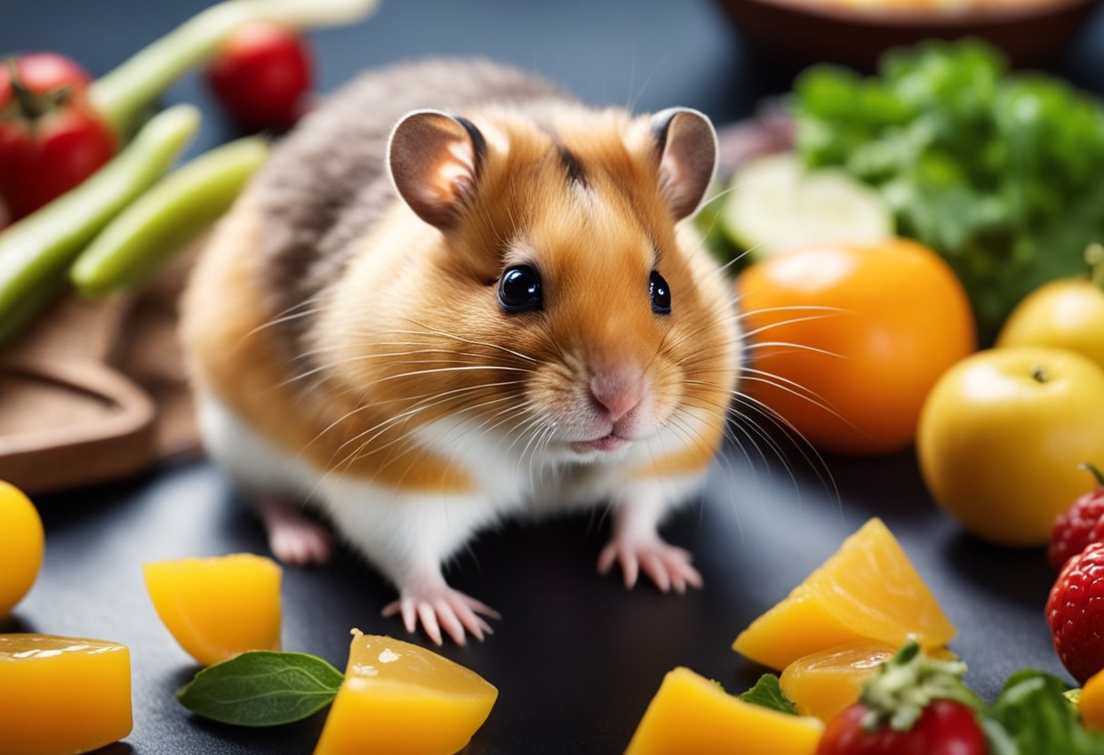 A hamster nibbles on a small dollop of honey, surrounded by a variety of fresh fruits and vegetables