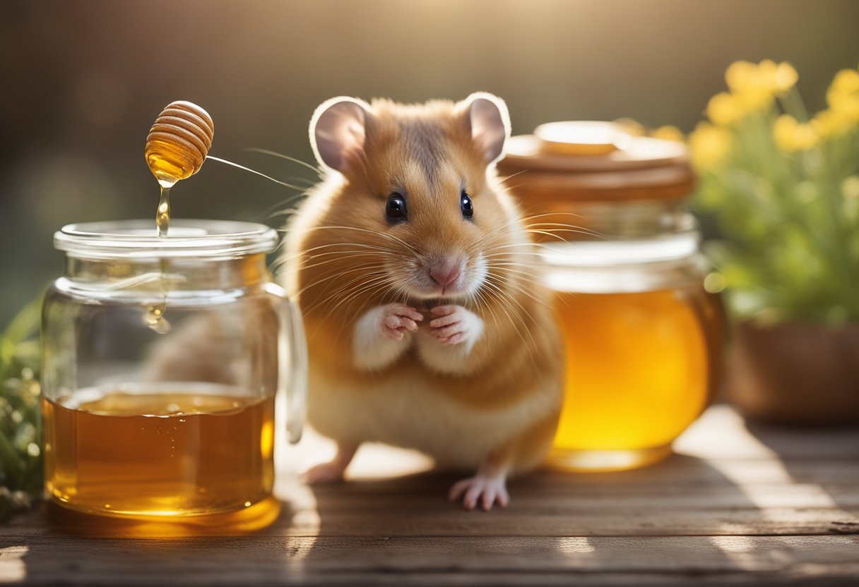 A hamster sits near a jar of honey, sniffing curiously
