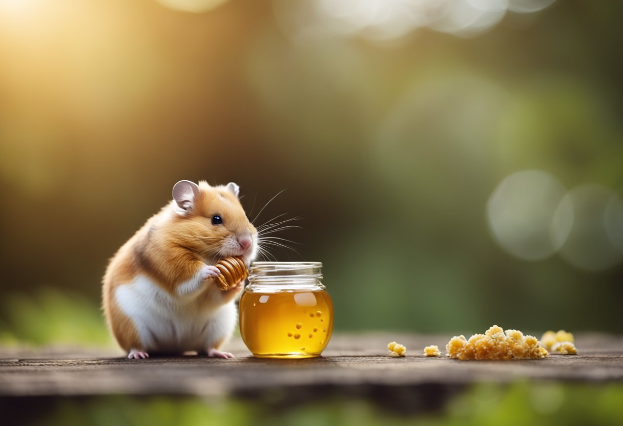 A hamster is sniffing a small jar of honey, with a puzzled expression on its face