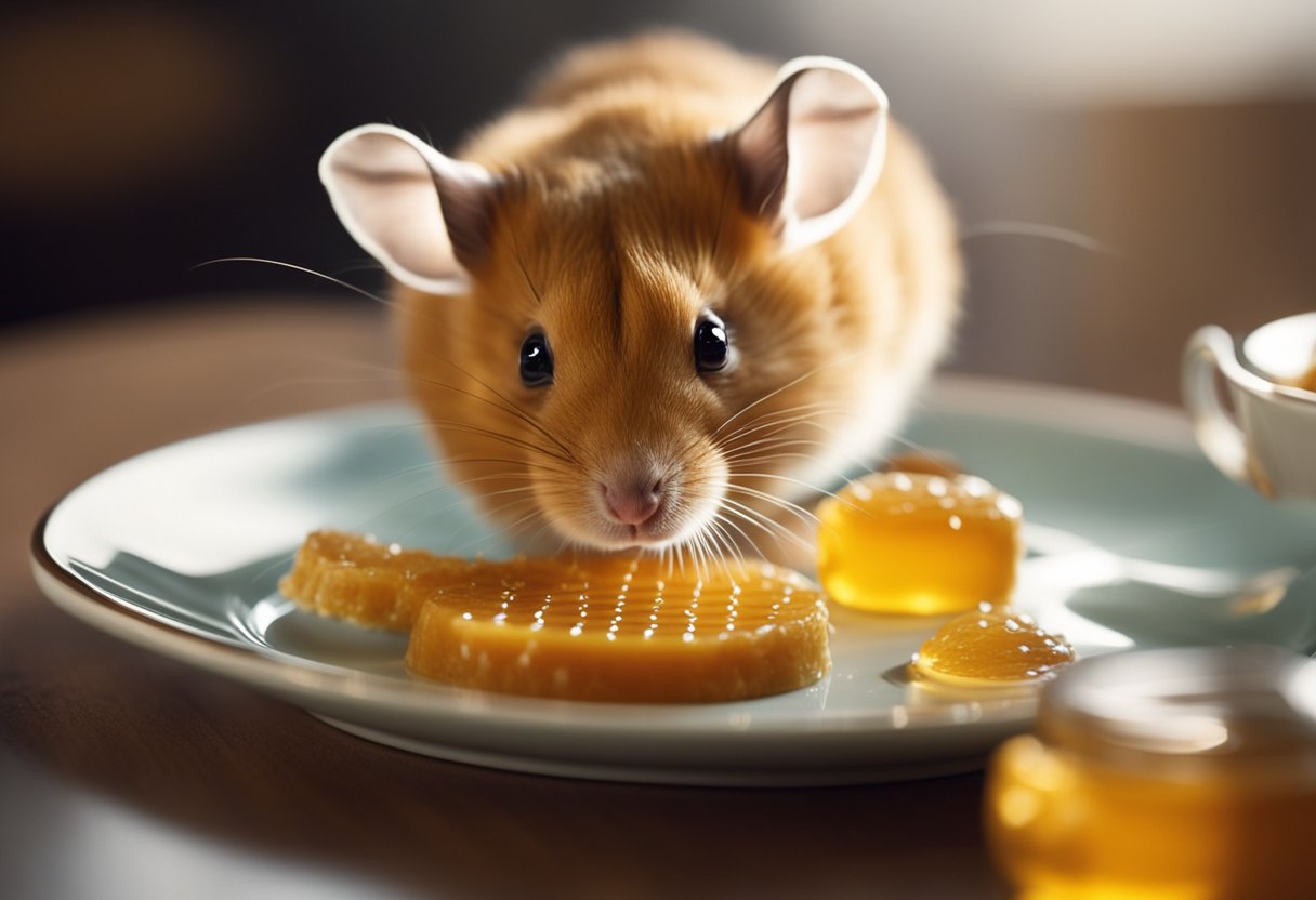 A curious hamster sniffs a dollop of honey on a small plate