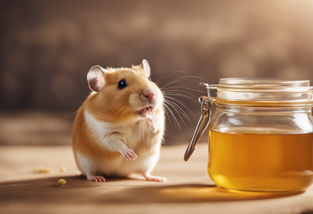 A hamster stands near a jar of honey, with a question mark above its head